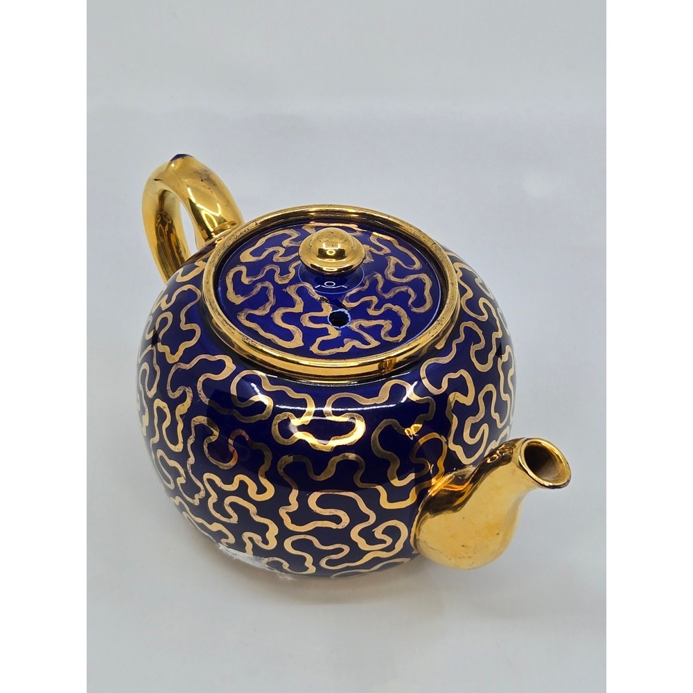 Vintage Cobalt Blue and Gold Scroll Pattern Ceramic Teapot 0657B V